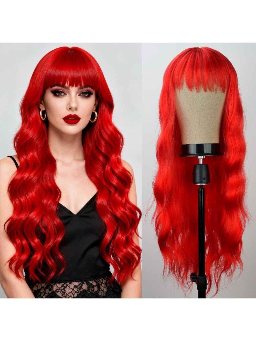 Women's Red 26 Inch Natural Looking Synthetic Fiber Long Wavy Wigs Bangs